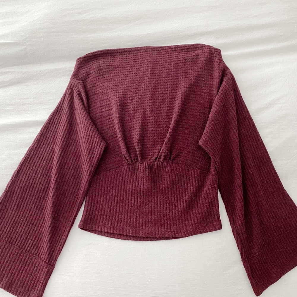 We The Free / Free People Crazy On You Thermal Knit Off Shoulder Sweater in Wine - Picture 9 of 12